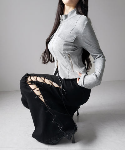 アウトポケットダブルジップスリムリブトップス ／ out pocket double zip slim ribbed tops