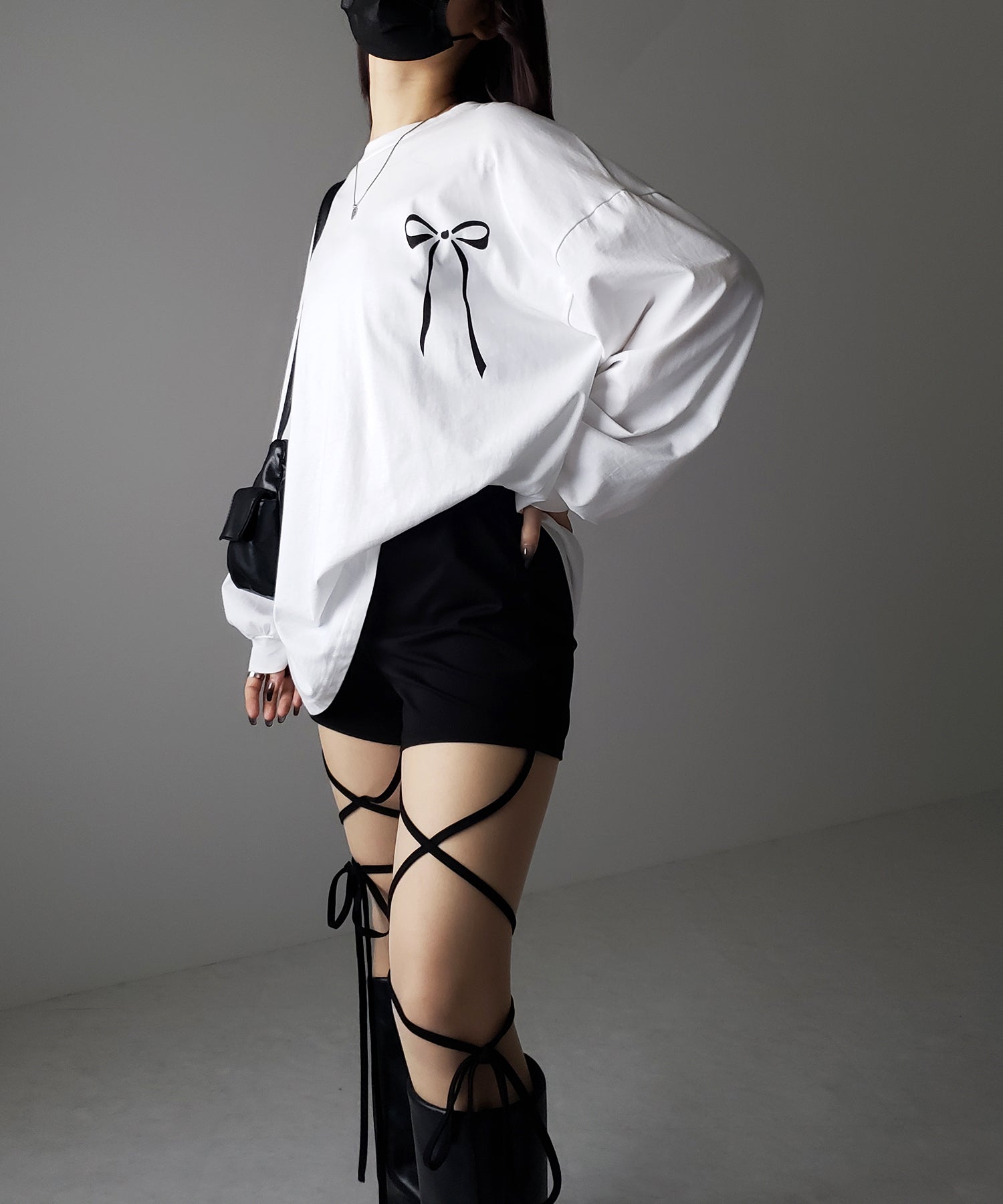【 セルフカット調節可能 】クロスストラップリボンバイカーレギンスパンツ ／ cross strap ribbon biker leggings pants