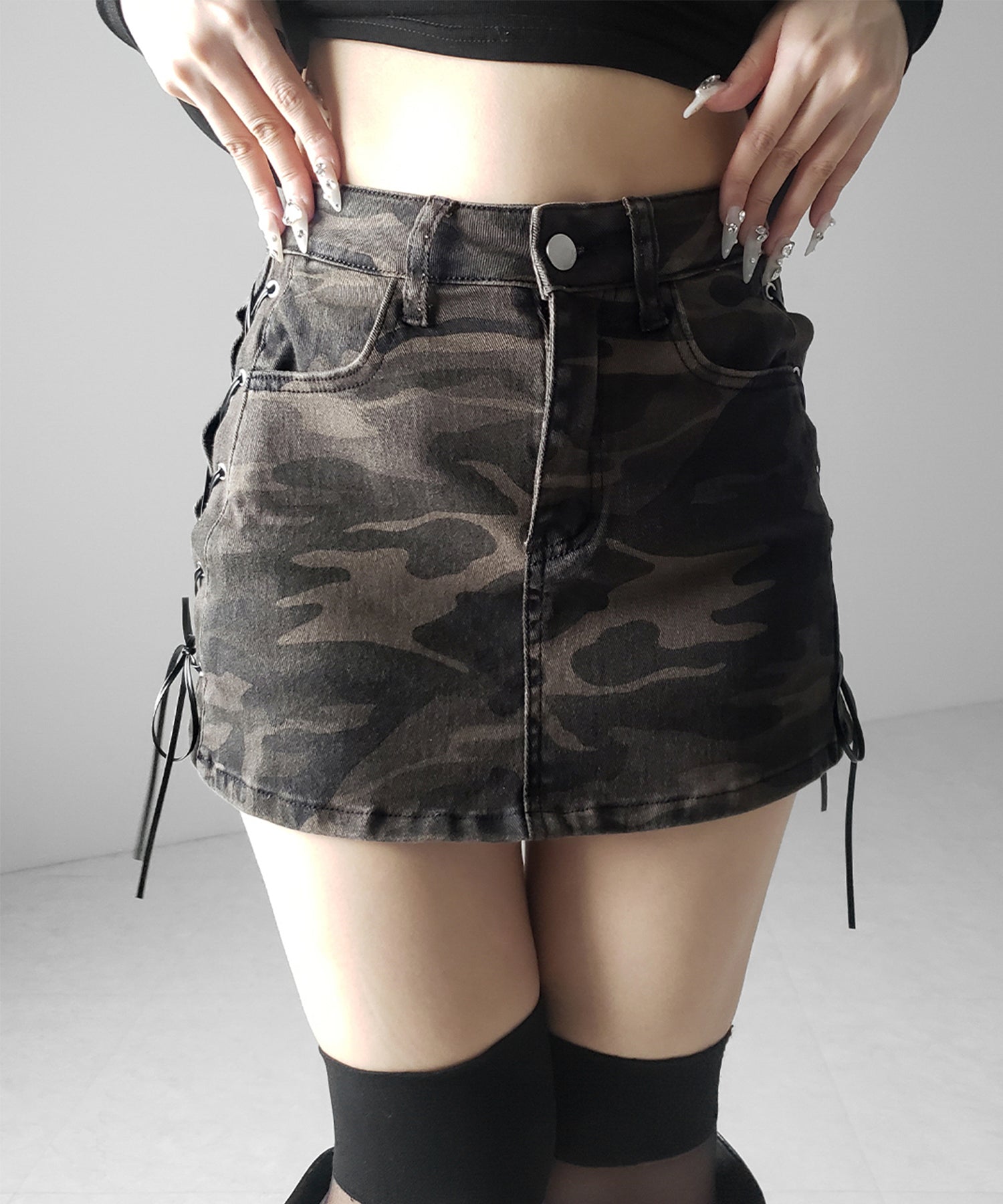ヴィンテージカモフラレースアップデニムミニスカパン ／ vintage camouflage lace up denim mini skirt pants