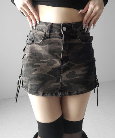 ヴィンテージカモフラレースアップデニムミニスカパン ／ vintage camouflage lace up denim mini skirt pants