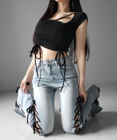サテンリボンレースアップカットアウトストレッチフレアデニム ／ satin ribbon laceup cutout stretch flare denim