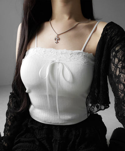 フロントリボンレースショートキャミソール ／ front ribbon lace short camisole
