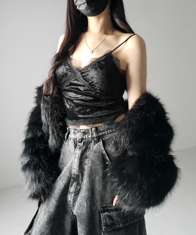 【 カップ付き 】レーシーベロアショートビスチェキャミソール ／ velor lacy short bustier camisole