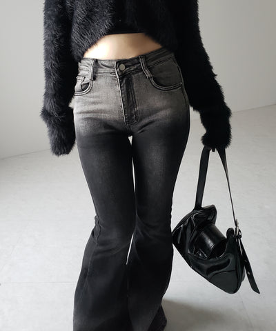 【４size 】ブリーチグラデーションストレッチブラックフレアデニム ／ bleach gradation stretch black flare denim