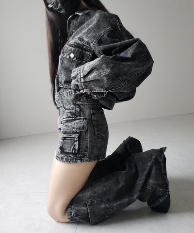 【 デニムセットアップ着用可能 】ヴィンテージケミカルブリーチカーゴデニムミニスカパン ／ vintage chemical bleach cargo denim mini skirt pants