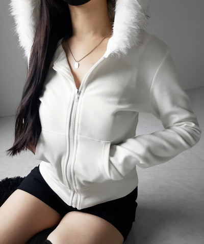 フェイクファーフーディジップアップパーカー ／ fake fur hooded zipup hoodie