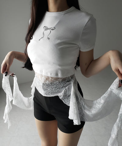 【 ２color 】アシンメトリーフリルレースベアトップス ／ asymmetry frill lace bare tops
