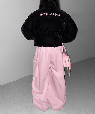 【 新色ピンクが追加！ 】グランジロゴ刺繍ショートパフ中綿ジャケット ／ grunge logo embroidery short puff fake down jacket