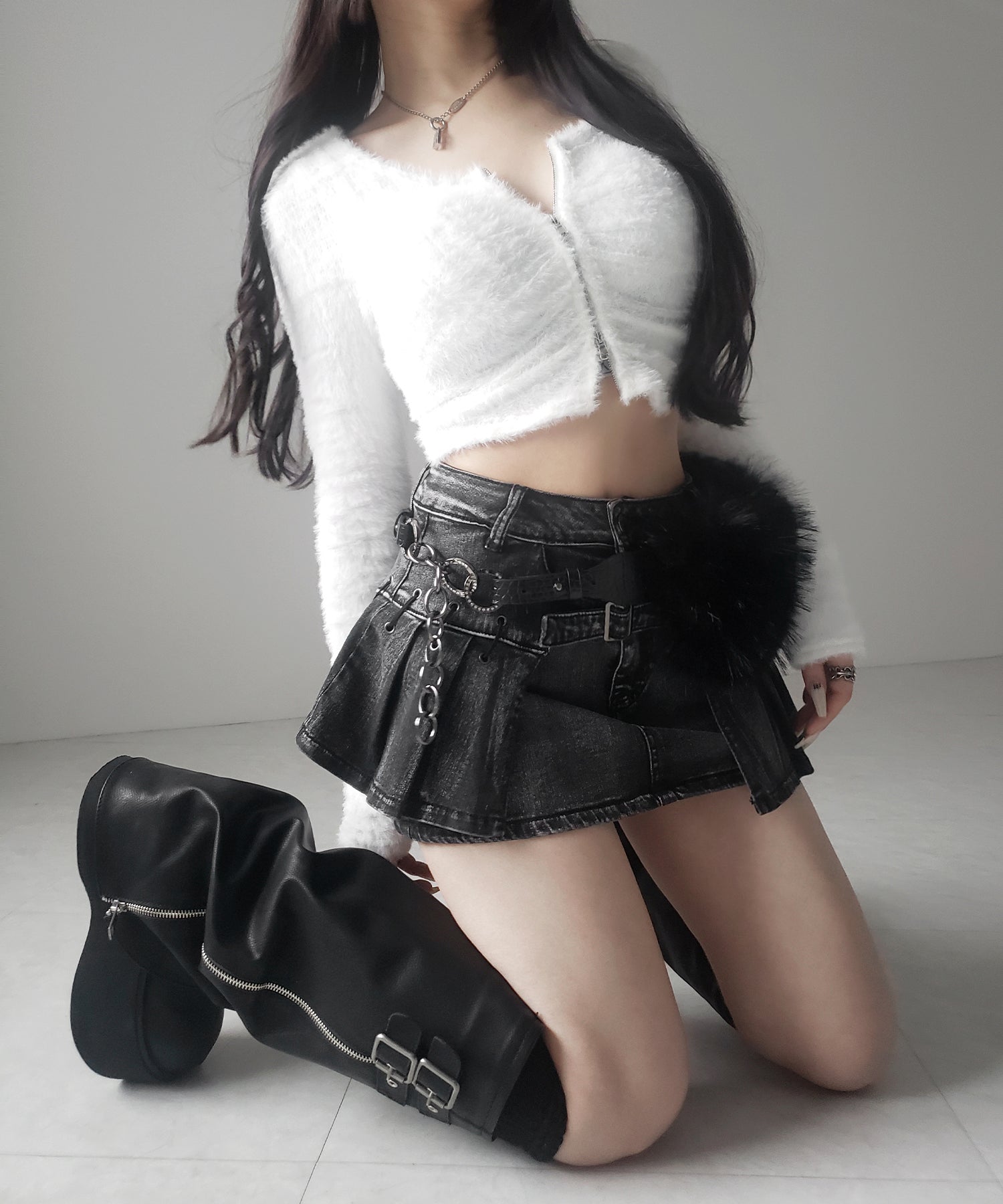 【 インパン裏地付 】ベルテッドマイクロプリーツデニムミニスカパン ／ belted micro pleats denim skirt pants