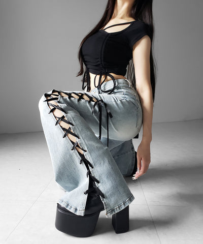 サテンリボンレースアップカットアウトストレッチフレアデニム ／ satin ribbon laceup cutout stretch flare denim