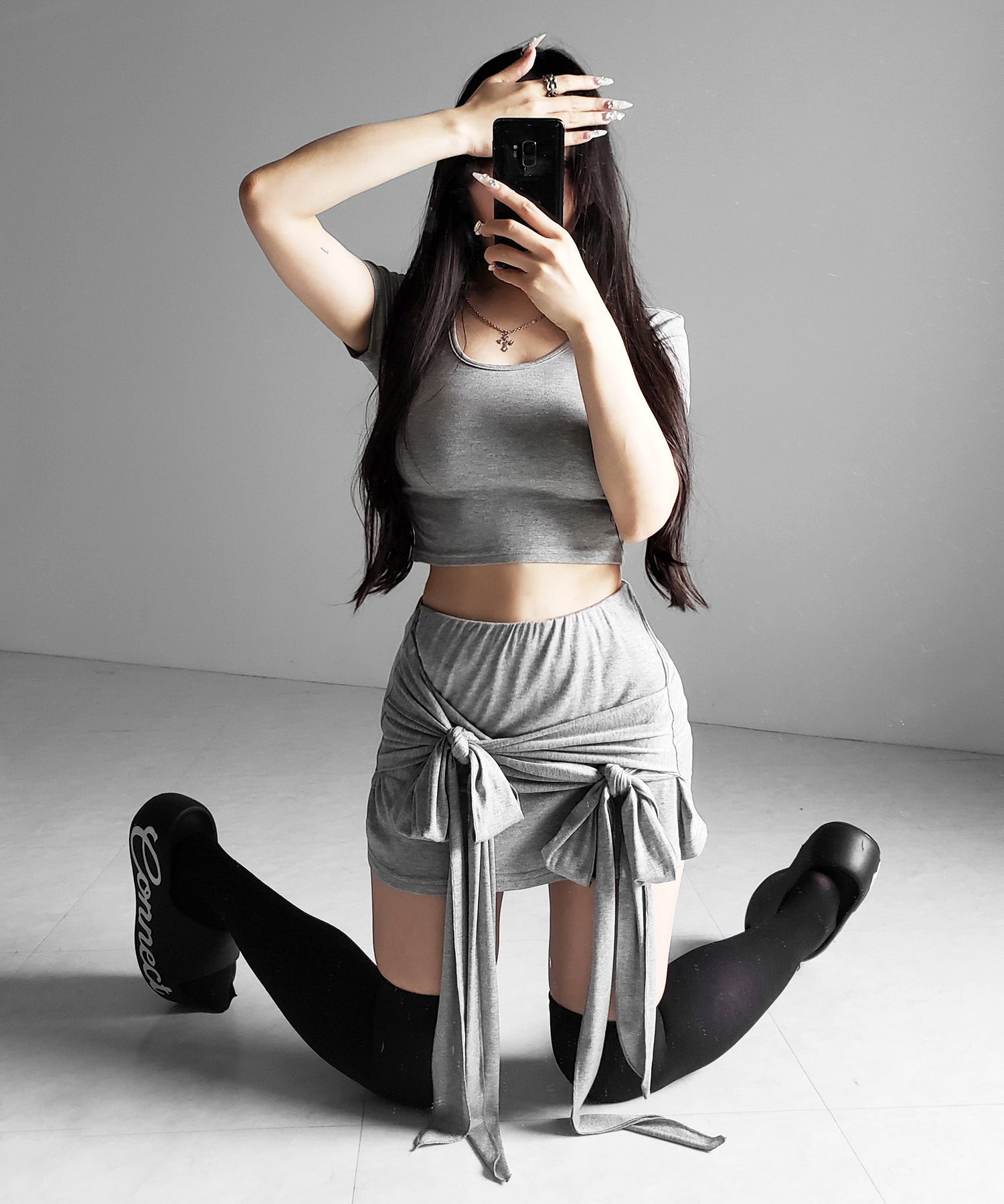 ダブルレイヤードリボンドレープミニスカパン ／ double layered ribbon draped mini skirt pants