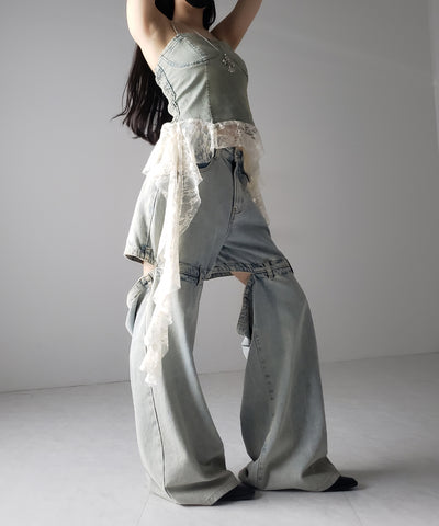 【 ２color 】ヴィンテージライクレースフリルデニムビスチェ ／ vintage like lace frill denim bustier
