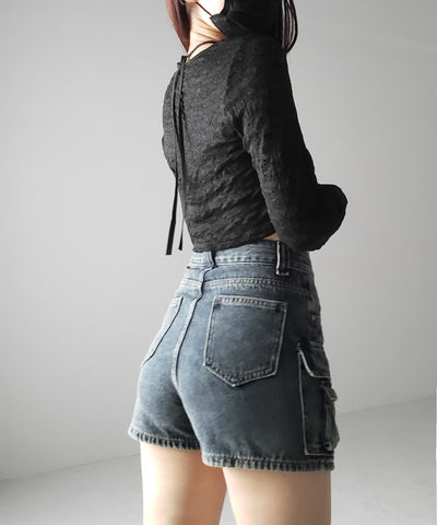 【 ３size ／ ２color 】ダブルポケットヴィンテージカーゴデニムミニスカパン ／ double pocket vintage cargo denim mini skirt pants