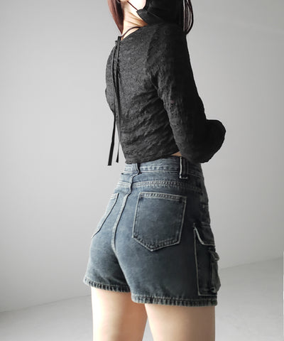 【 ３size ／ ２color 】ダブルポケットヴィンテージカーゴデニムミニスカパン ／ double pocket vintage cargo denim mini skirt pants