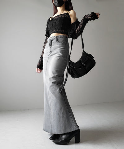 【 ３size 】深スリットダメージデニムロングマーメイドスカート ／ deep slit damage denim long mermaid skirt