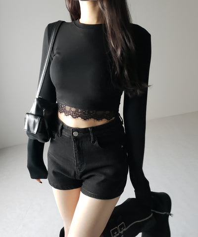 【 裏起毛 】裾レースドッキングショートＴシャツ ／ hem lace docking short Tee
