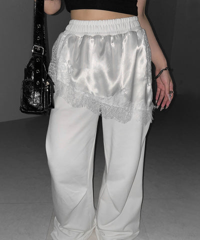 レースドッキングレイヤードスウェットワイドパンツ ／ lace docking layered sweat wide pants