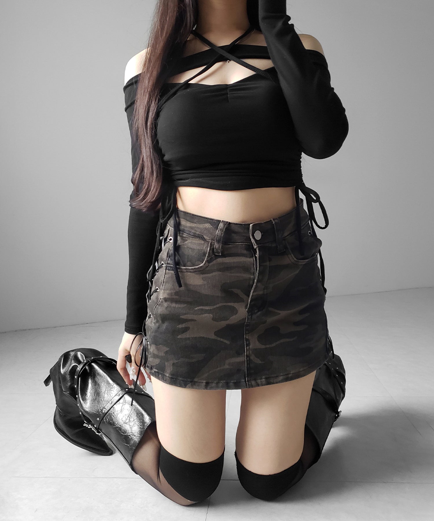 ヴィンテージカモフラレースアップデニムミニスカパン ／ vintage camouflage lace up denim mini skirt pants