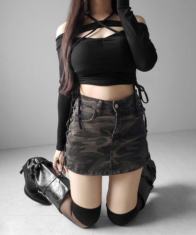 ヴィンテージカモフラレースアップデニムミニスカパン ／ vintage camouflage lace up denim mini skirt pants