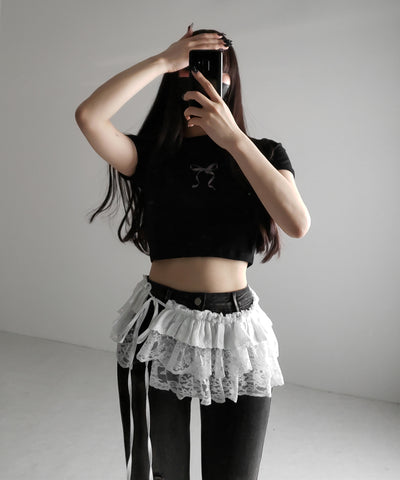 【 ２color 】ストラップリボンレースフリルミニ巻きスカート ／ strap ribbon lace frill mini wrap skirt