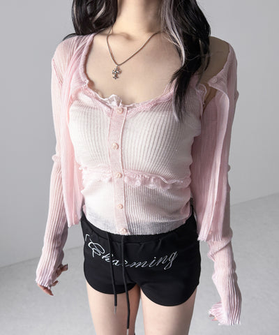 【 2点セット 】フロントレースシアーニットキャミソール ＋カーディガン SET / front lace sheer knit camisole + cardigan set
