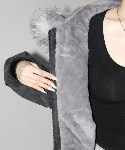 ファーフードヴィンテージフェイクレザーオーバーブルゾン ／ fur hooded vintage fake leather over blouson