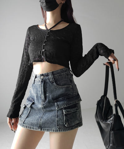 【 ３size ／ ２color 】ダブルポケットヴィンテージカーゴデニムミニスカパン ／ double pocket vintage cargo denim mini skirt pants