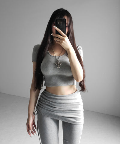 【 ワンホンセットアップ 】スクエアショートＴシャツ＋サイドシャーリングフレアパンツ ＳＥＴ ／ 【 SETUP 】square neck short T-shirts + side shirring flare pants