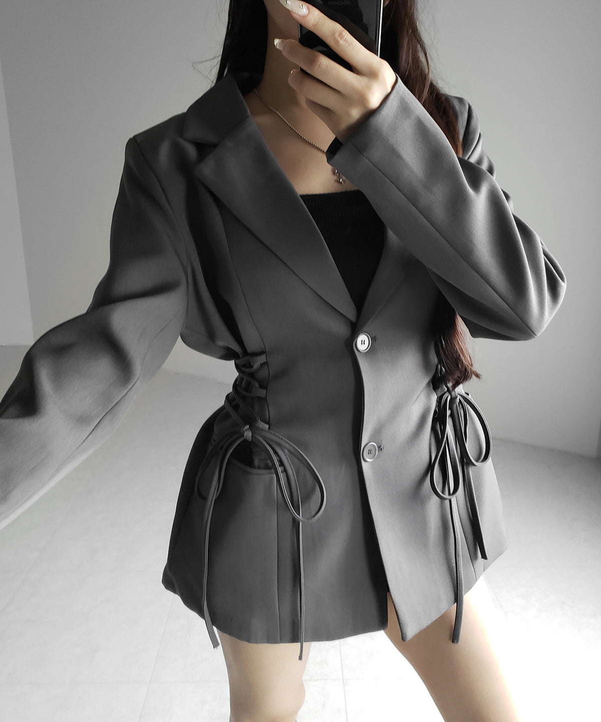 レースアップリボンスリムテーラードジャケット ／ lace-up ribbon slim tailored jacket