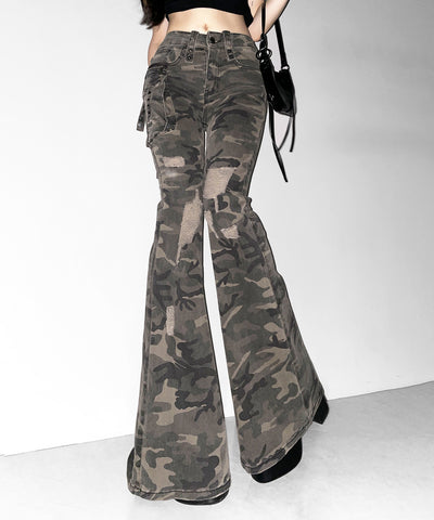 ヴィンテージカモフラ迷彩ダメージフレアデニムパンツ ／ vintage camouflage damage flared denim pants