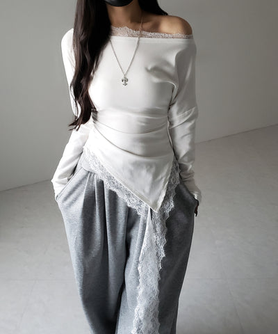 【 ２color 】ワンショルダーレースドッキングアシンメトリートップス ／ one shoulder lace docking asymmetry tops