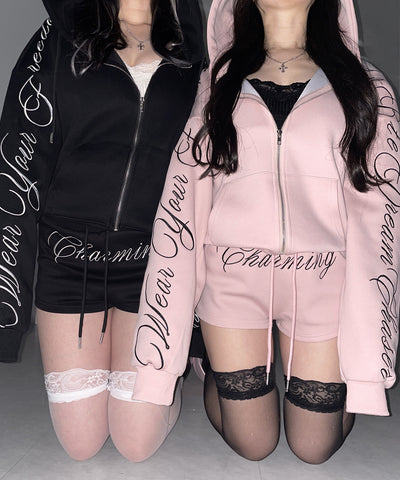 【 セットアップ 】レタリングロゴ刺繍ジップアップパーカー＆ショートパンツ ／ lettering logo embroidery zip-up hoodie ＆ short pants SETUP