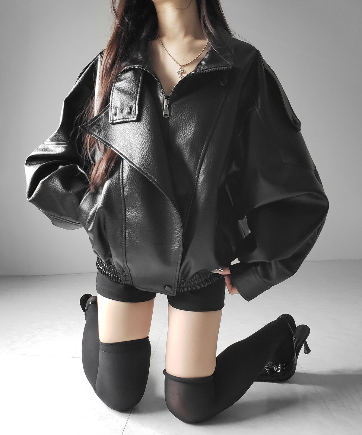 ヴィンテージフェイクレザースタンドカラージップアップブルゾン ／ 2WAY vintage fake leather stand collar zipup blouson