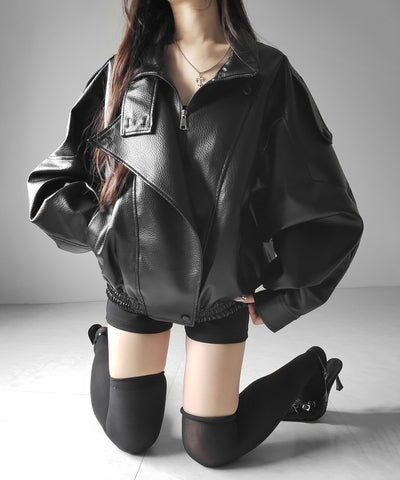 ヴィンテージフェイクレザースタンドカラージップアップブルゾン ／ 2WAY vintage fake leather stand collar zipup blouson