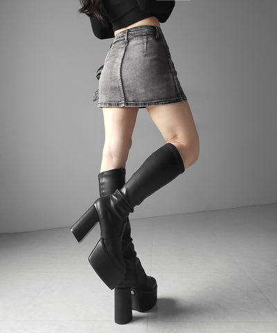 【 インパン裏地付 】ダブルハトメベルトヴィンテージデニムミニスカート ／ Double eyelet belt vintage denim mini skirt