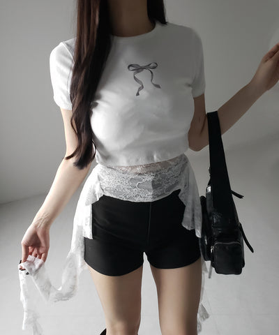 【 ２color 】アシンメトリーフリルレースベアトップス ／ asymmetry frill lace bare tops