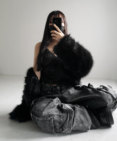 【 カップ付き 】レーシーベロアショートビスチェキャミソール ／ velor lacy short bustier camisole