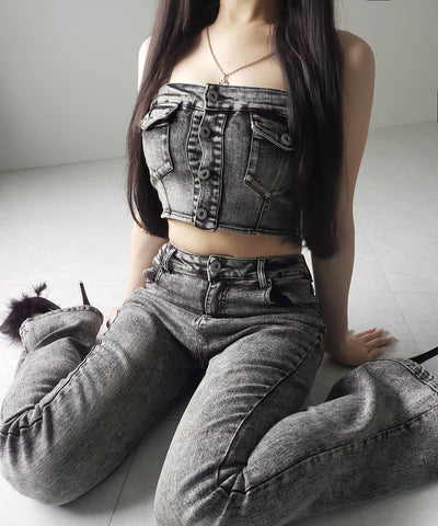 【 セットアップ 】ヴィンテージライクデニムビスチェ ＋ ストレッチフレアデニム SET ／ 【 SET UP 】 vintage like denim bustier + stretch flare denim
