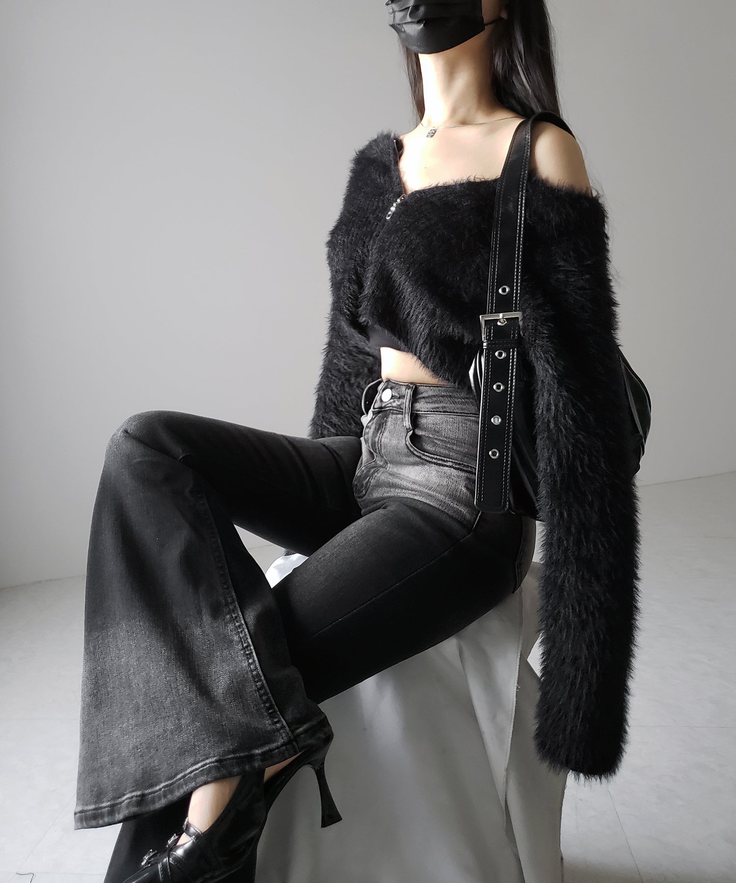 【４size 】ブリーチグラデーションストレッチブラックフレアデニム ／ bleach gradation stretch black flare denim