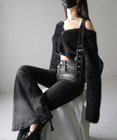 【４size 】ブリーチグラデーションストレッチブラックフレアデニム ／ bleach gradation stretch black flare denim
