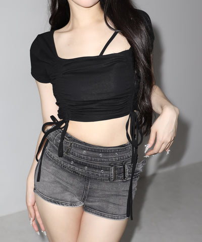 ダブルベルテッドマイクロミニデニムショートパンツ ／ double belted micro mini denim short pants