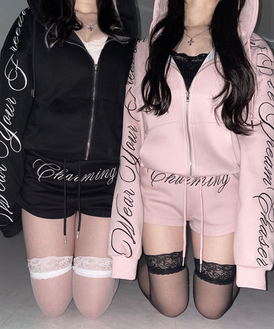 【 セットアップ 】レタリングロゴ刺繍ジップアップパーカー＆ショートパンツ ／ lettering logo embroidery zip-up hoodie ＆ short pants SETUP