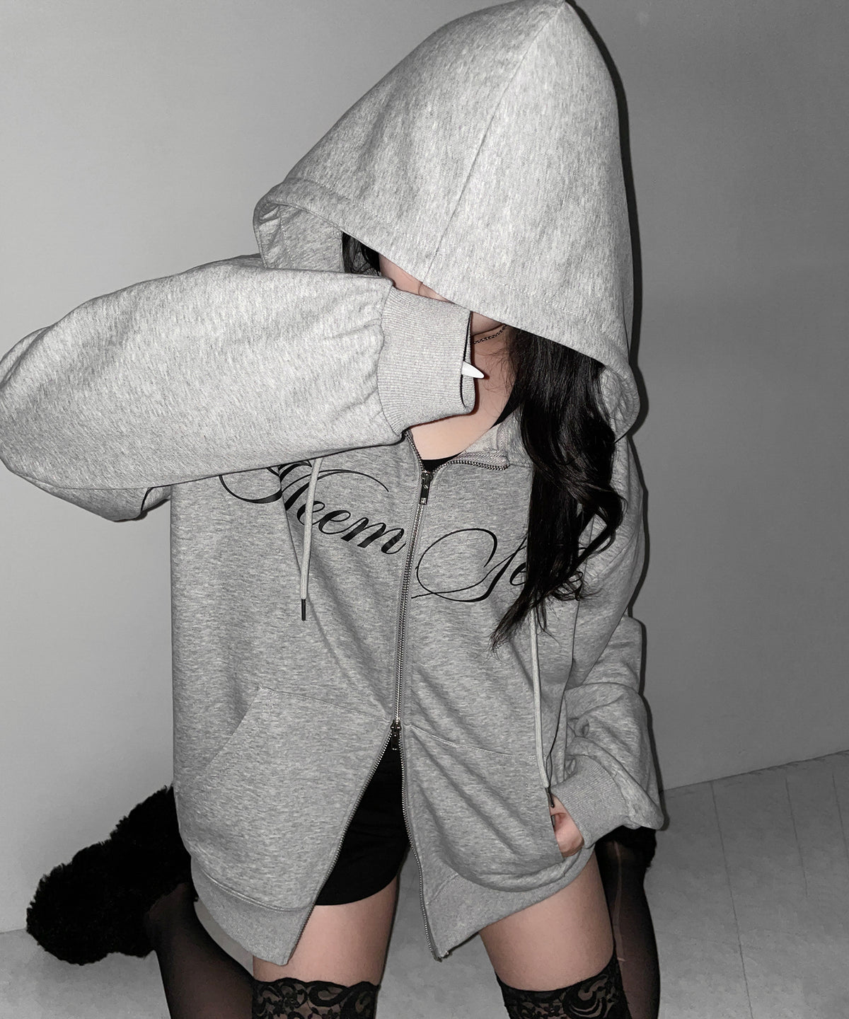 【 セットアップ可能 】レタリングロゴプリントダブルジップビッグパーカー ／ lettering logo print double zip BIG hoodie