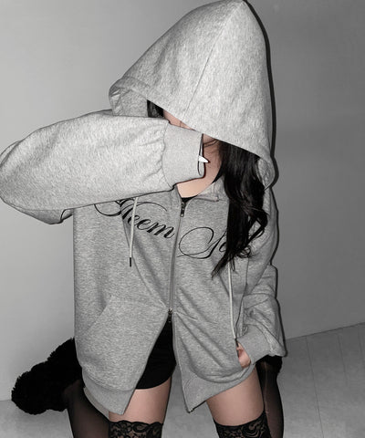 【 セットアップ可能 】レタリングロゴプリントダブルジップビッグパーカー ／ lettering logo print double zip BIG hoodie