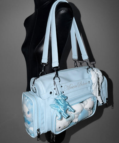 クリアポケット付きレタリング刺繍ショルダーバッグ ／ clear pocket lettering embroidery shoulder bag
