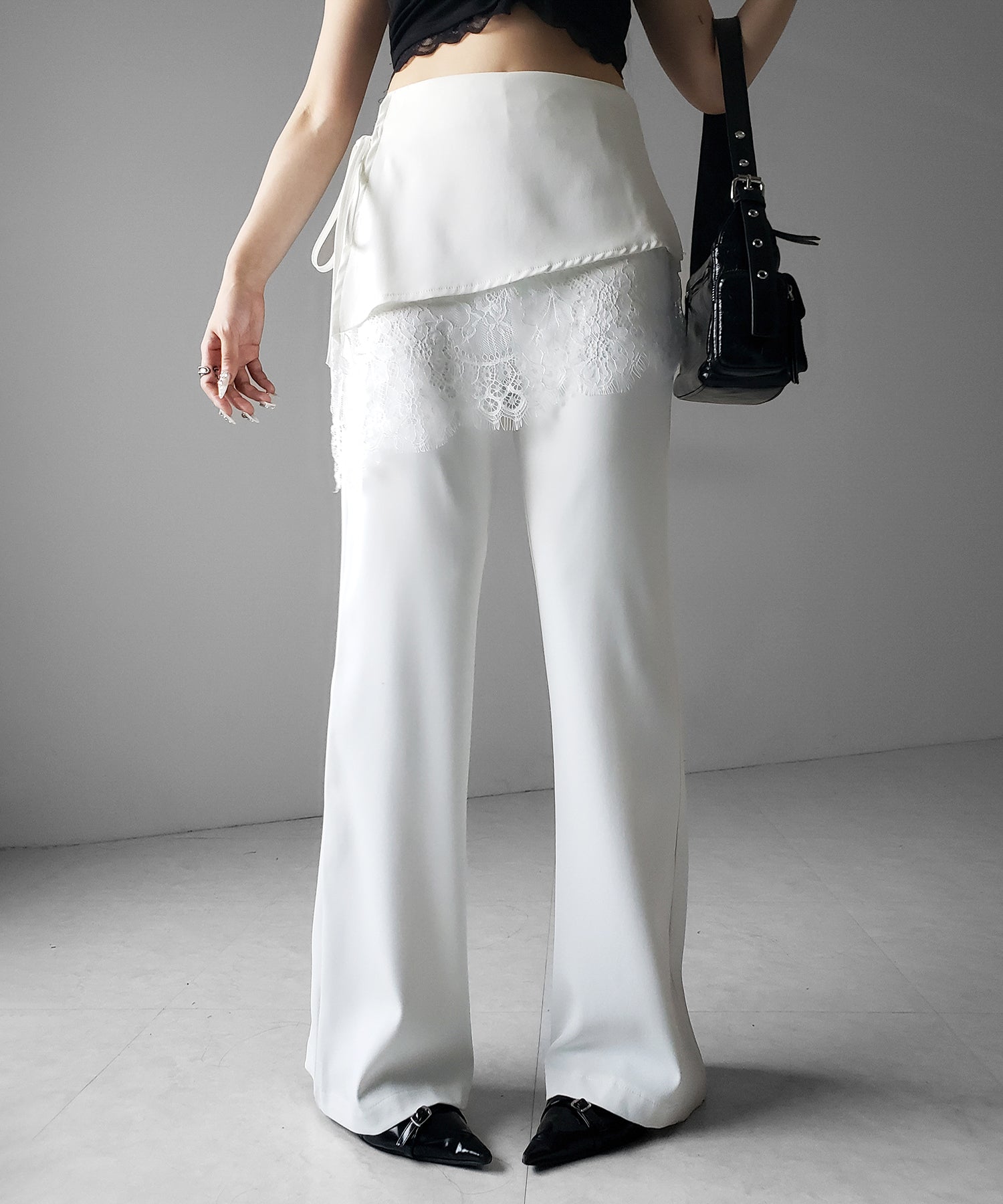 【３size 】レースレイヤードサイドリボンラップフレアスラックス ／ lace layered side ribbon wrap flare slacks