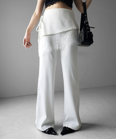 【３size 】レースレイヤードサイドリボンラップフレアスラックス ／ lace layered side ribbon wrap flare slacks