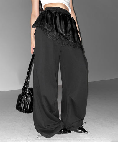 レースドッキングレイヤードスウェットワイドパンツ ／ lace docking layered sweat wide pants