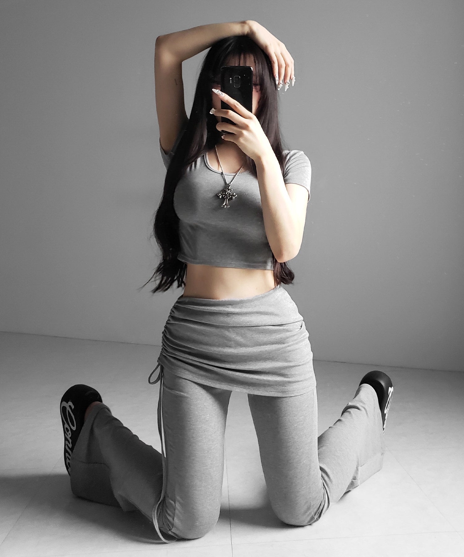 【 ワンホンセットアップ 】スクエアショートＴシャツ＋サイドシャーリングフレアパンツ ＳＥＴ ／ 【 SETUP 】square neck short T-shirts + side shirring flare pants