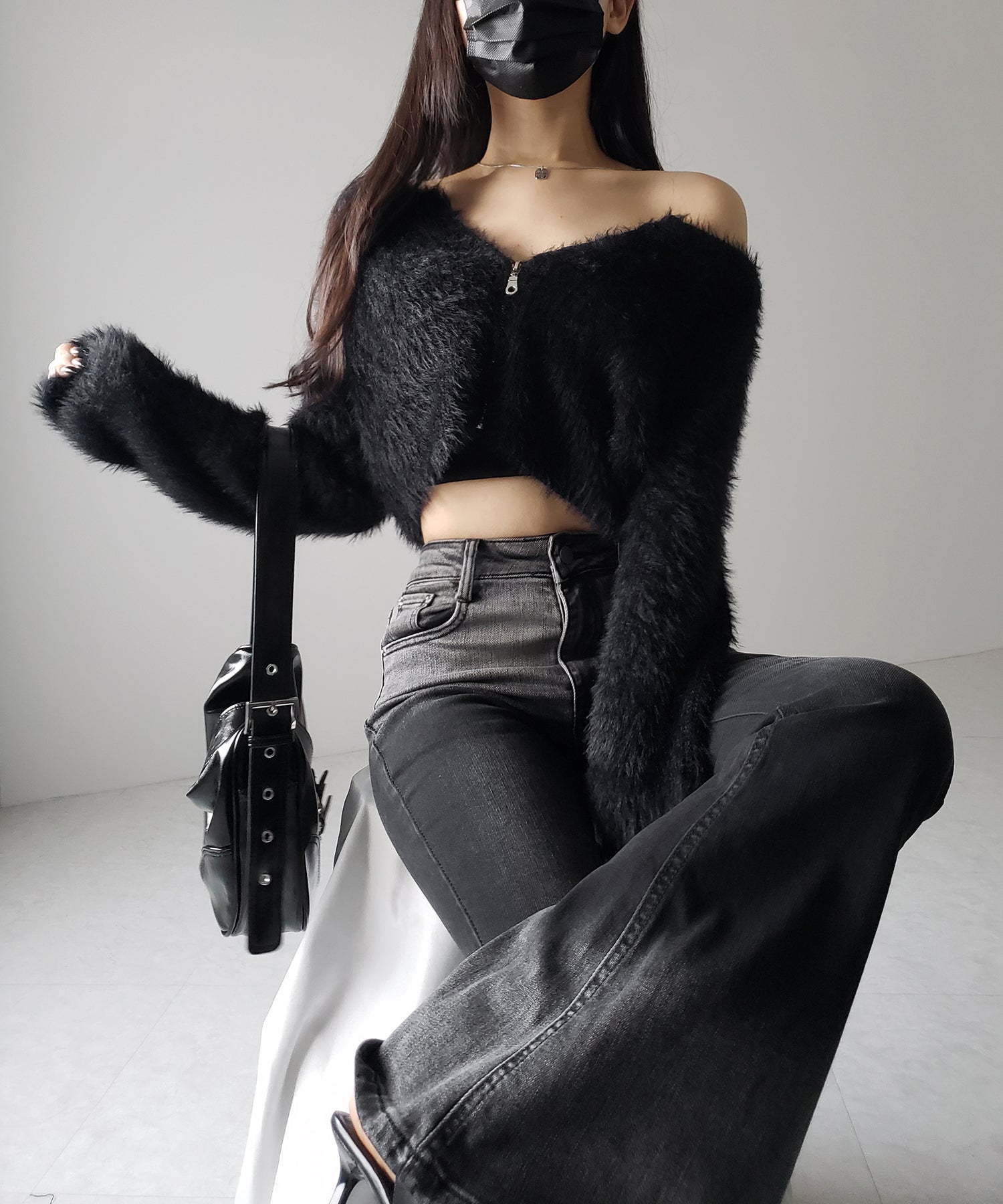 【４size 】ブリーチグラデーションストレッチブラックフレアデニム ／ bleach gradation stretch black flare denim